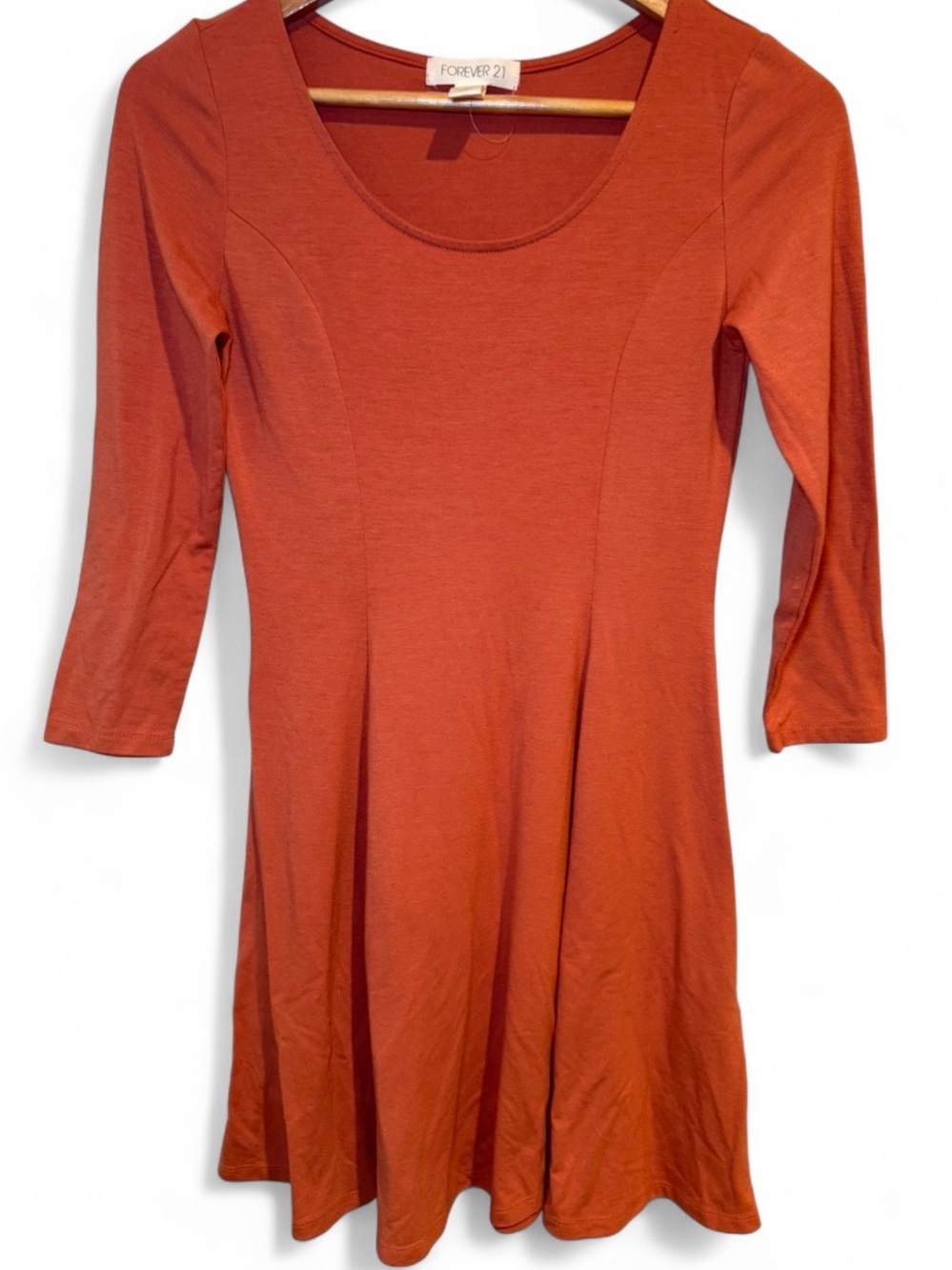 Forever 21 Rust Coral Orange Skater Dress 3/4 Sleeve Fit Flare Midi Stretch - S